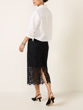 Women's Black Lace Midi Skirt - Sleek Lace Overlay